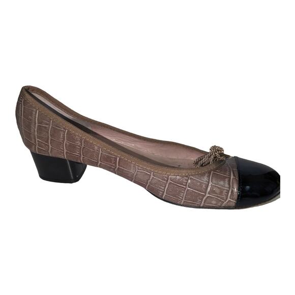 Paul Mayer Attitudes Block Heel Tan Croc Embossed Leather Black Patent Toe 9.5